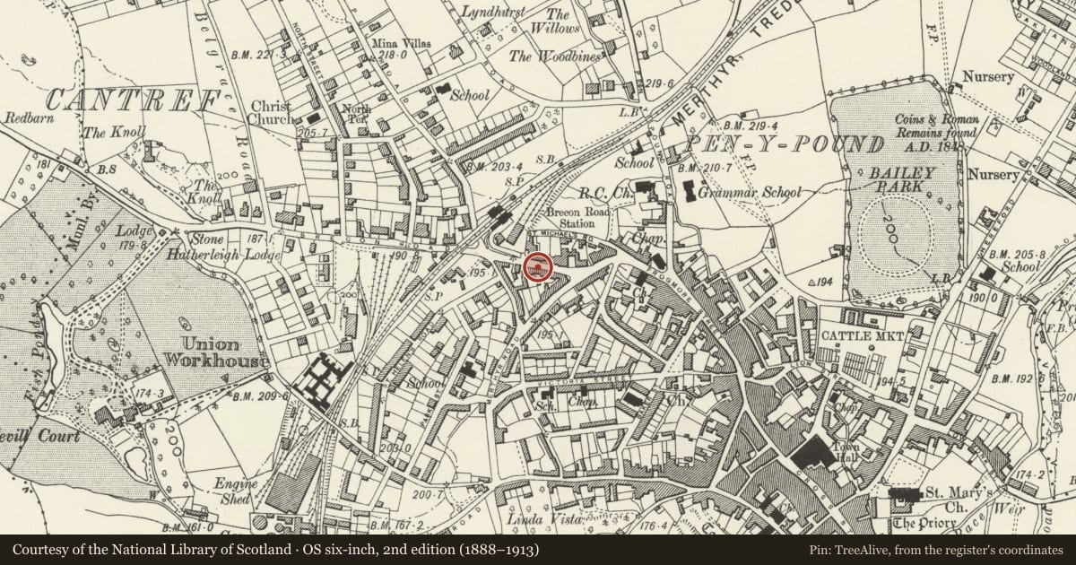 Ordnance Survey six-inch map, 2nd edition (1888–1913) covering the location of 20 Brecon Road, Abergavenny, Monmouthshire, with a pin at the register's coordinates