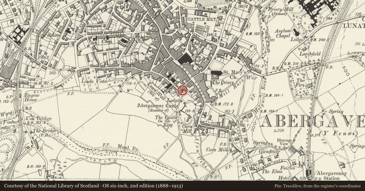 Ordnance Survey six-inch map, 2nd edition (1888–1913) covering the location of 23a & 23b, Abergavenny, Monmouthshire, with a pin at the register's coordinates