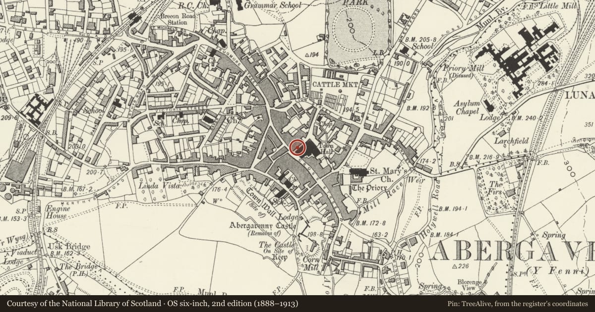 Ordnance Survey six-inch map, 2nd edition (1888–1913) covering the location of 23 Market Street, Abergavenny, Monmouthshire, with a pin at the register's coordinates