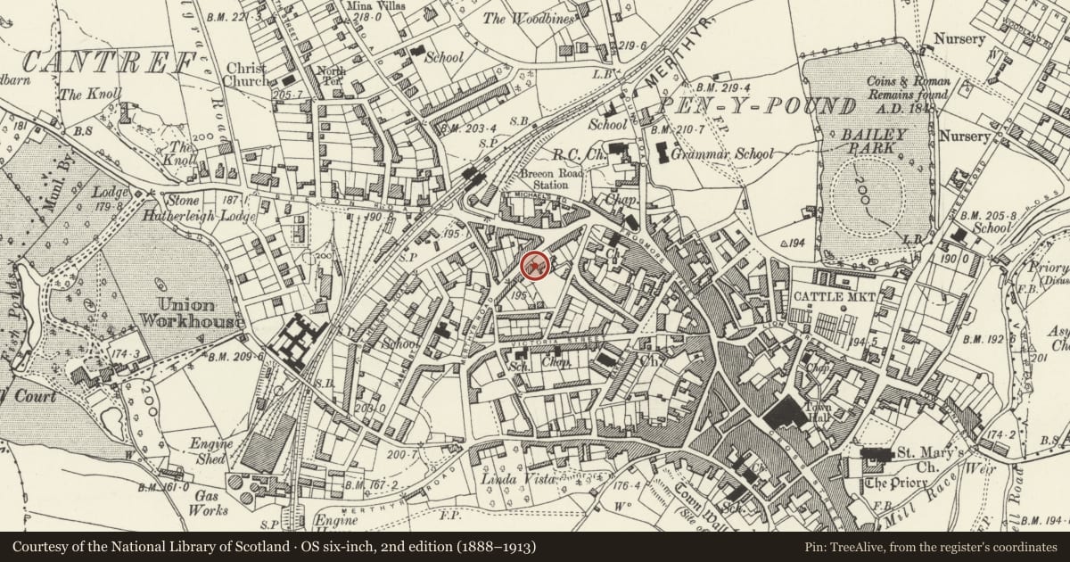 Ordnance Survey six-inch map, 2nd edition (1888–1913) covering the location of 24 Merthyr Road, Abergavenny, Monmouthshire, with a pin at the register's coordinates