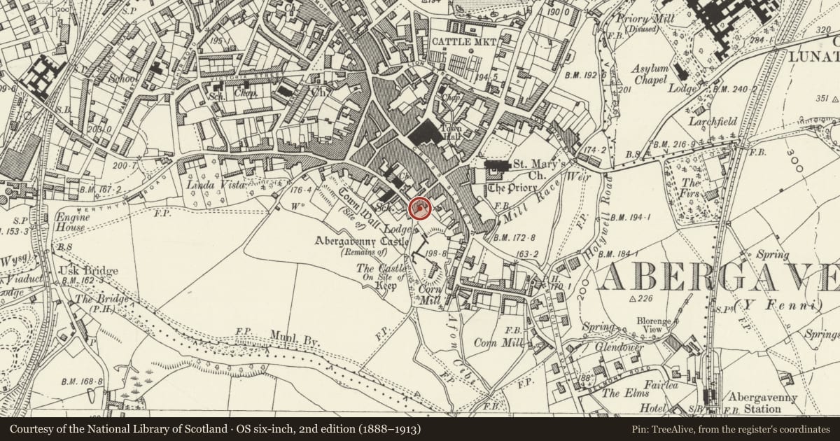 Ordnance Survey six-inch map, 2nd edition (1888–1913) covering the location of 25 Castle Street, Abergavenny, Monmouthshire, with a pin at the register's coordinates