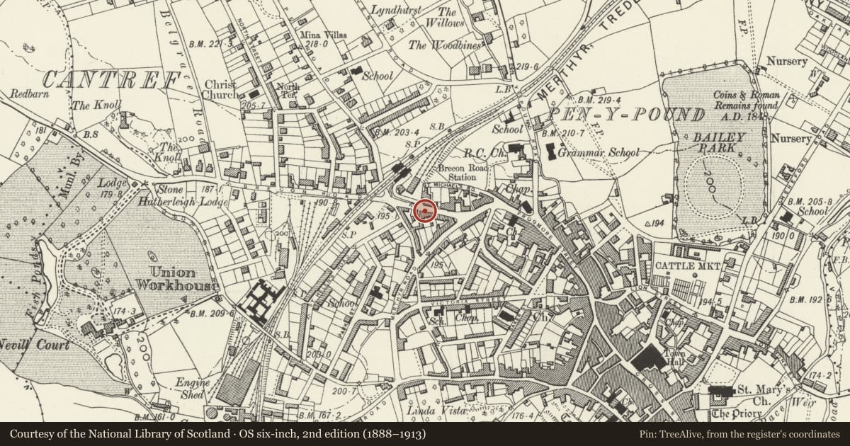 Ordnance Survey six-inch map, 2nd edition (1888–1913) covering the location of 24 Brecon Road, Abergavenny, Monmouthshire, with a pin at the register's coordinates