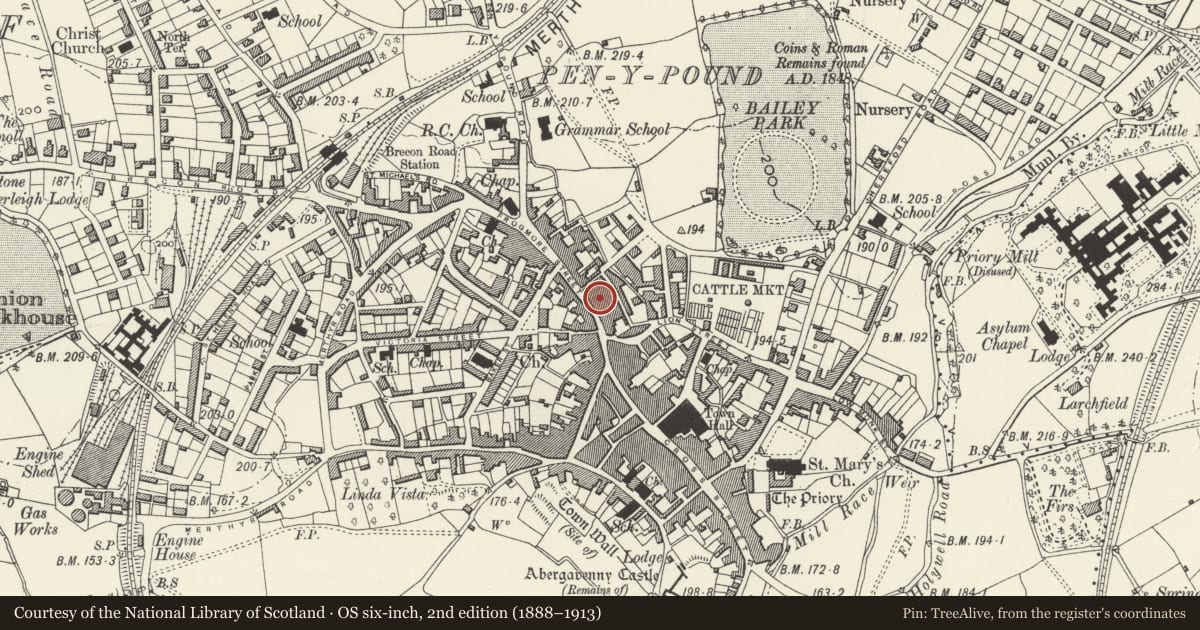 Ordnance Survey six-inch map, 2nd edition (1888–1913) covering the location of 12 Frogmore Street, Abergavenny, Monmouthshire, with a pin at the register's coordinates