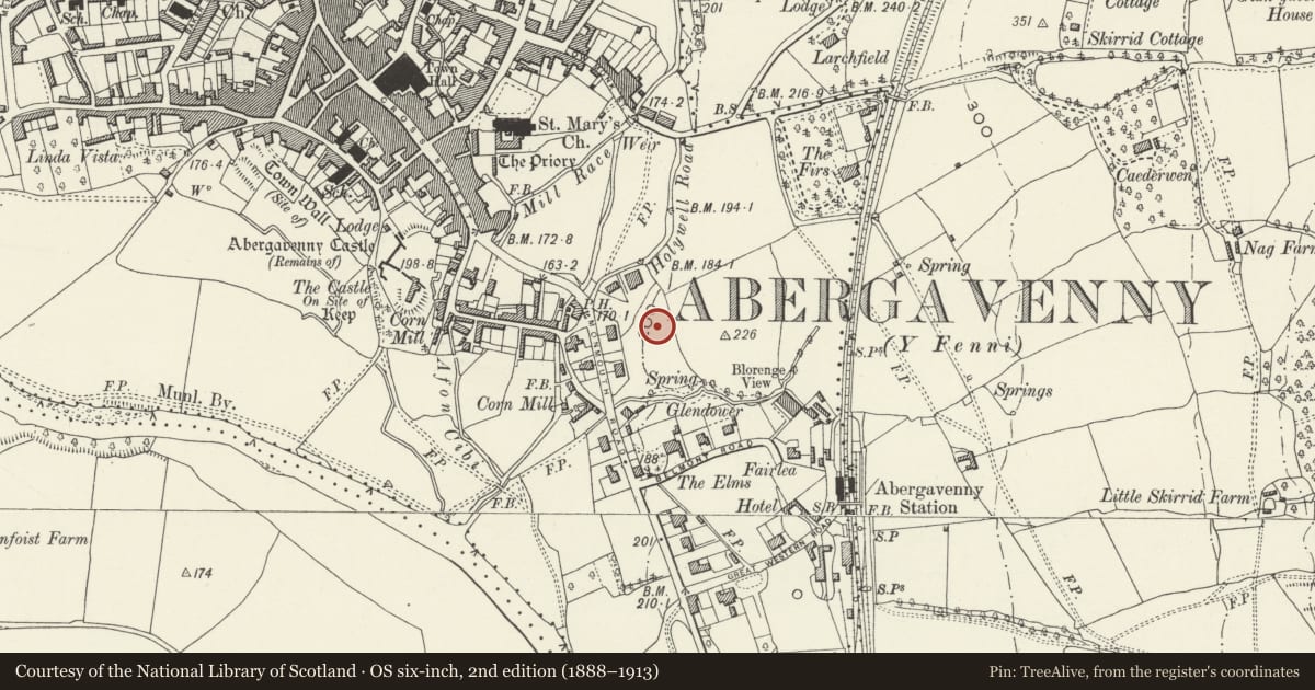 Ordnance Survey six-inch map, 2nd edition (1888–1913) covering the location of Asthal House, including garden steps, gates and walls with terracotta dressings, Abergavenny, Monmouthshire, with a pin at the register's coordinates