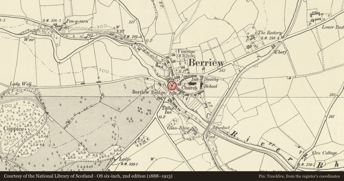 Ordnance Survey six-inch map, 2nd edition (1888–1913) covering the location of Telephone Call-box at NE approach to Berriew Bridge, Powys, with a pin at the register's coordinates