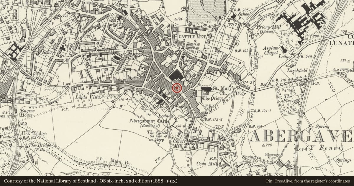 Ordnance Survey six-inch map, 2nd edition (1888–1913) covering the location of 11A Cross Street, Abergavenny, Monmouthshire, with a pin at the register's coordinates