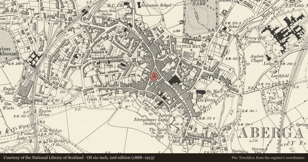 Ordnance Survey six-inch map, 2nd edition (1888–1913) covering the location of Royal British Legion, Abergavenny, Monmouthshire, with a pin at the register's coordinates
