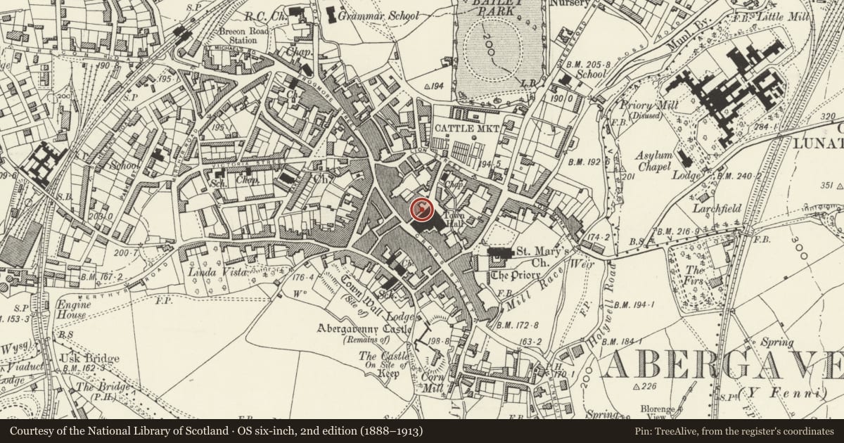 Ordnance Survey six-inch map, 2nd edition (1888–1913) covering the location of 13 Market Street, Abergavenny, Monmouthshire, with a pin at the register's coordinates