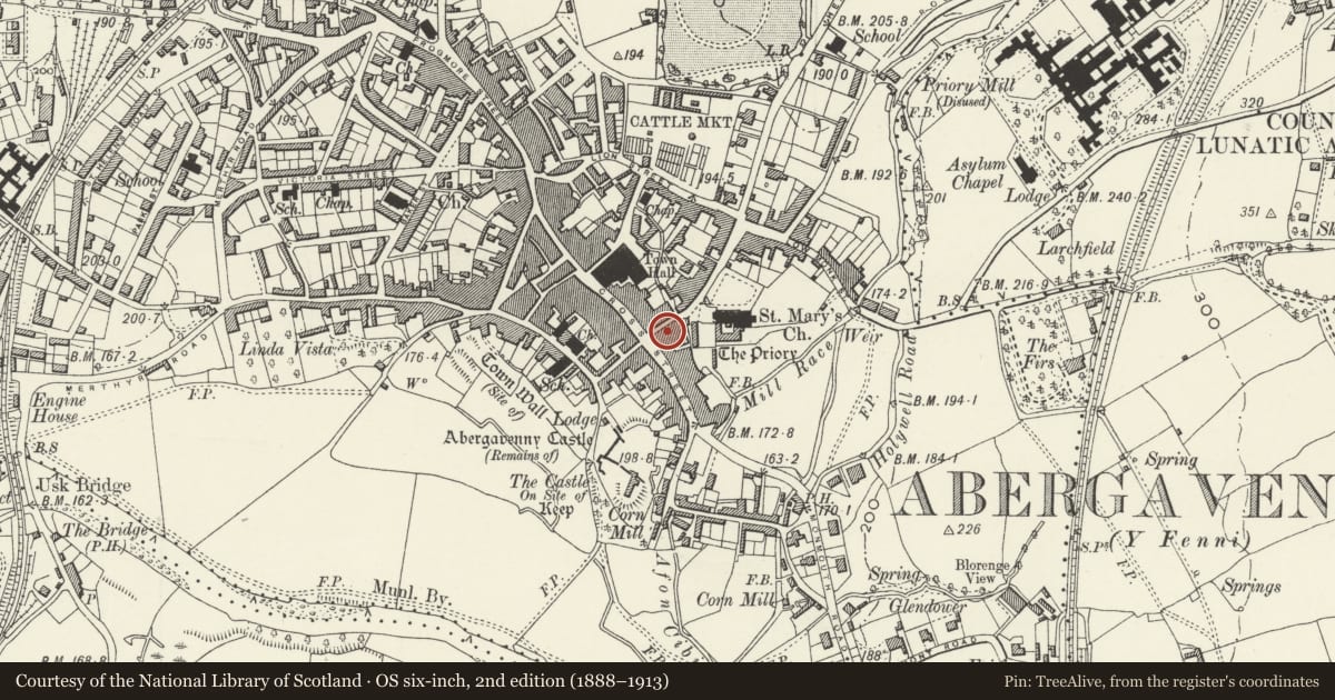 Ordnance Survey six-inch map, 2nd edition (1888–1913) covering the location of 1 Monk Street, Abergavenny, Monmouthshire, with a pin at the register's coordinates