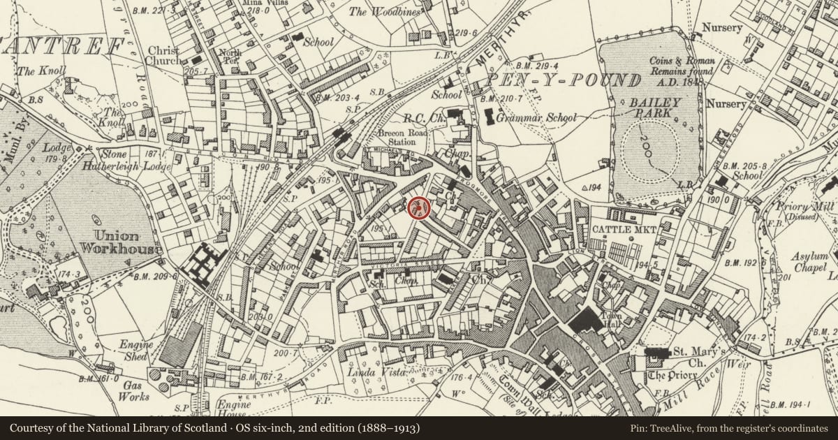 Ordnance Survey six-inch map, 2nd edition (1888–1913) covering the location of 1 Regent Street, Abergavenny, Monmouthshire, with a pin at the register's coordinates