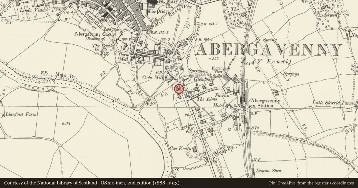 Ordnance Survey six-inch map, 2nd edition (1888–1913) covering the location of Ingleside, including garden walls, gatepiers and railings, Abergavenny, Monmouthshire, with a pin at the register's coordinates