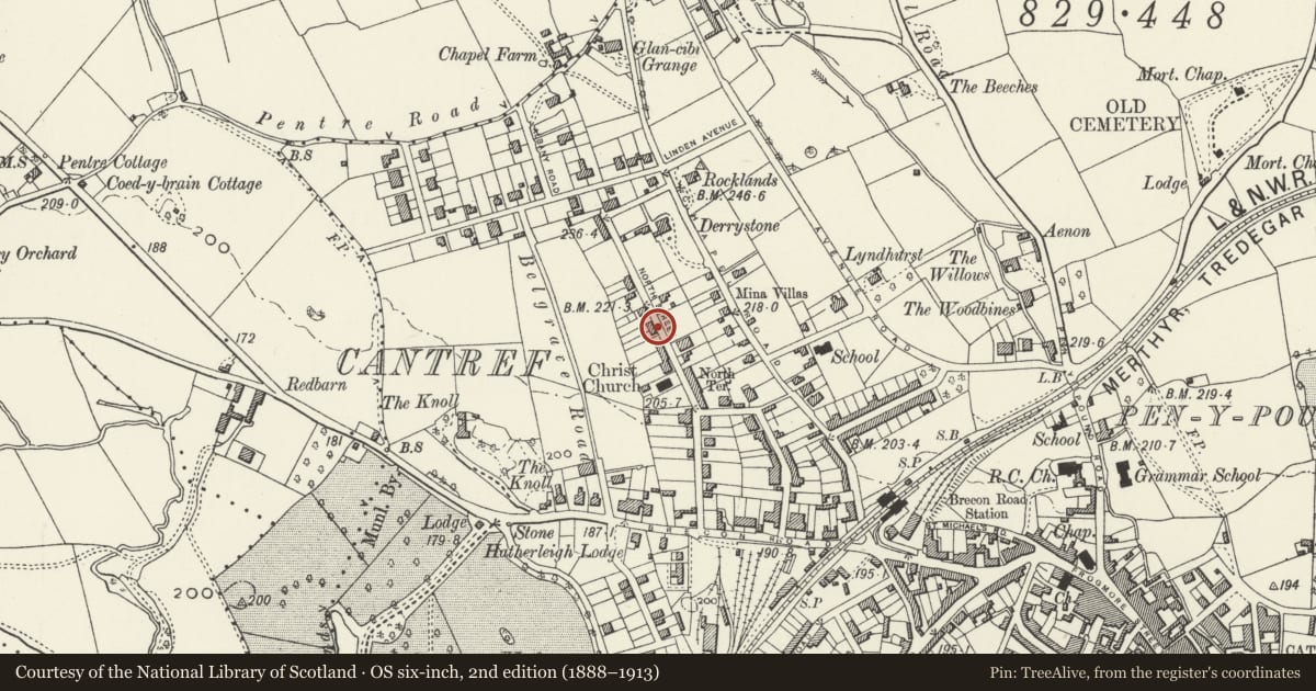 Ordnance Survey six-inch map, 2nd edition (1888–1913) covering the location of 65 North Street, Abergavenny, Monmouthshire, with a pin at the register's coordinates