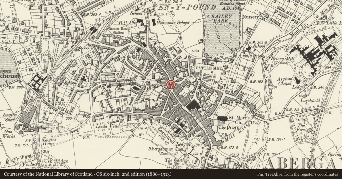 Ordnance Survey six-inch map, 2nd edition (1888–1913) covering the location of 67 Frogmore Street, Abergavenny, Monmouthshire, with a pin at the register's coordinates