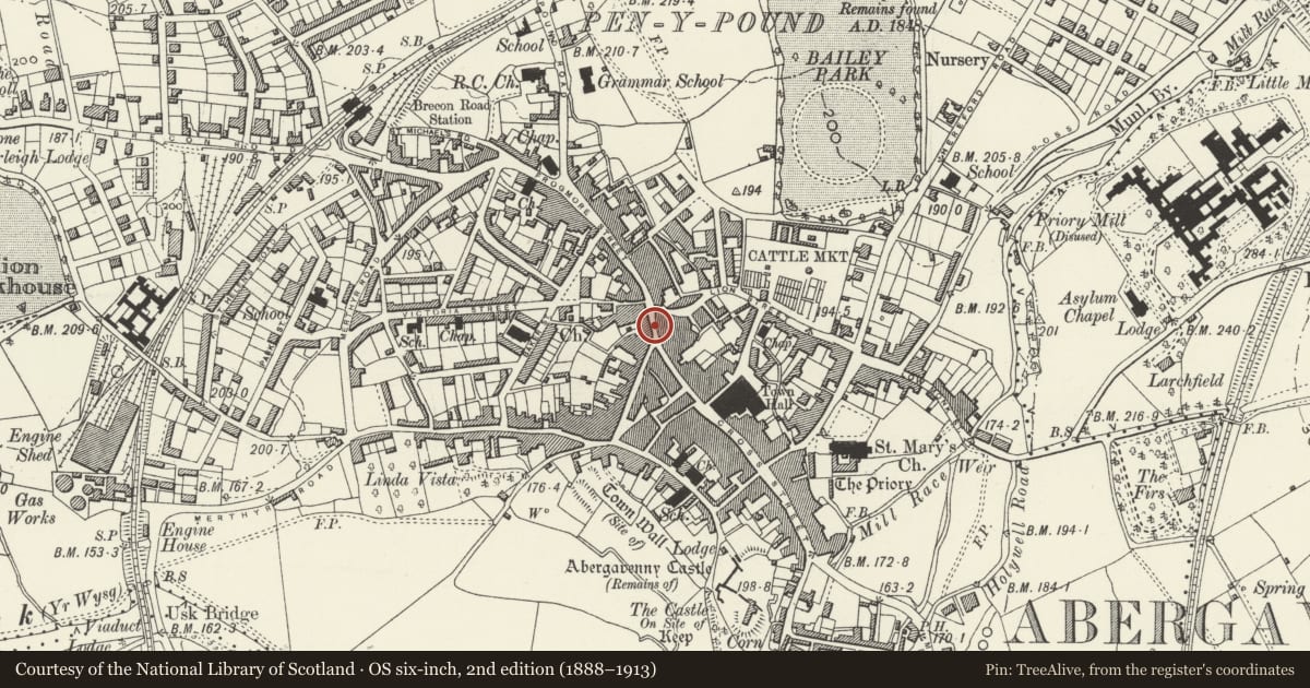 Ordnance Survey six-inch map, 2nd edition (1888–1913) covering the location of 68 Frogmore Street, Abergavenny, Monmouthshire, with a pin at the register's coordinates