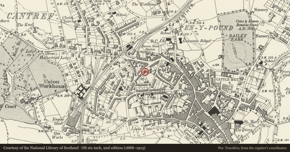 Ordnance Survey six-inch map, 2nd edition (1888–1913) covering the location of 26 Merthyr Road, Abergavenny, Monmouthshire, with a pin at the register's coordinates