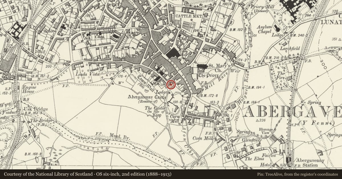 Ordnance Survey six-inch map, 2nd edition (1888–1913) covering the location of 27 Castle Street, Abergavenny, Monmouthshire, with a pin at the register's coordinates