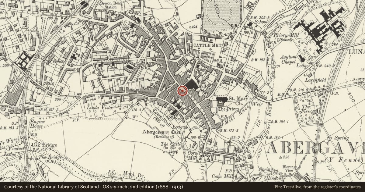 Ordnance Survey six-inch map, 2nd edition (1888–1913) covering the location of 3 Cross Street, Abergavenny, Monmouthshire, with a pin at the register's coordinates