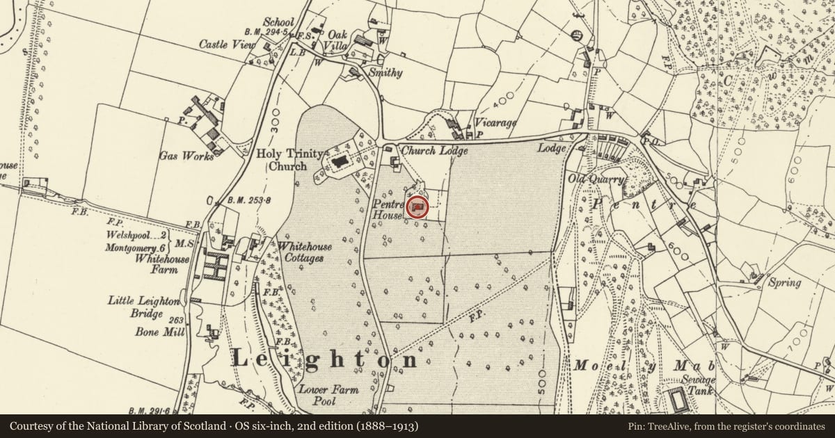 Ordnance Survey six-inch map, 2nd edition (1888–1913) covering the location of Pentre House, Forden with Leighton and Trelystan, Powys, with a pin at the register's coordinates