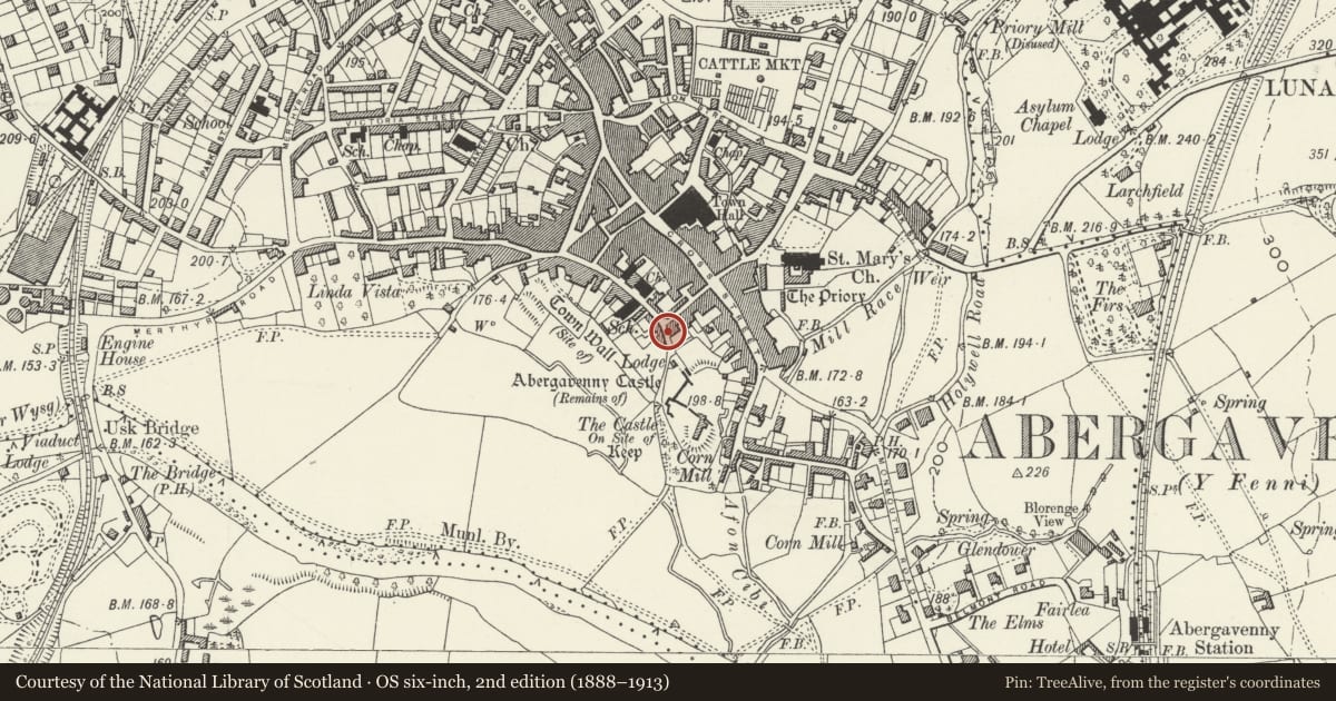 Ordnance Survey six-inch map, 2nd edition (1888–1913) covering the location of 31 Castle Street, Abergavenny, Monmouthshire, with a pin at the register's coordinates