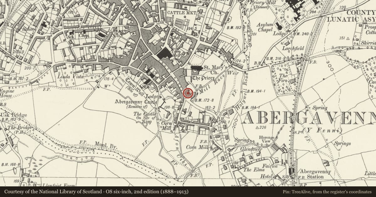 Ordnance Survey six-inch map, 2nd edition (1888–1913) covering the location of 36 Cross Street, Abergavenny, Monmouthshire, with a pin at the register's coordinates