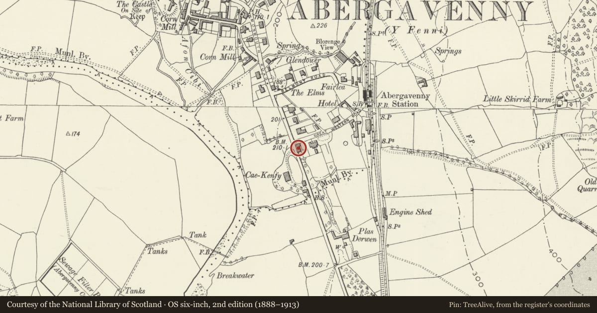 Ordnance Survey six-inch map, 2nd edition (1888–1913) covering the location of 36 Monmouth Road, Abergavenny, Monmouthshire, with a pin at the register's coordinates