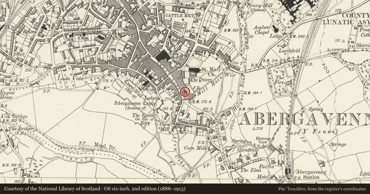 Ordnance Survey six-inch map, 2nd edition (1888–1913) covering the location of 39 Cross Street, Abergavenny, Monmouthshire, with a pin at the register's coordinates