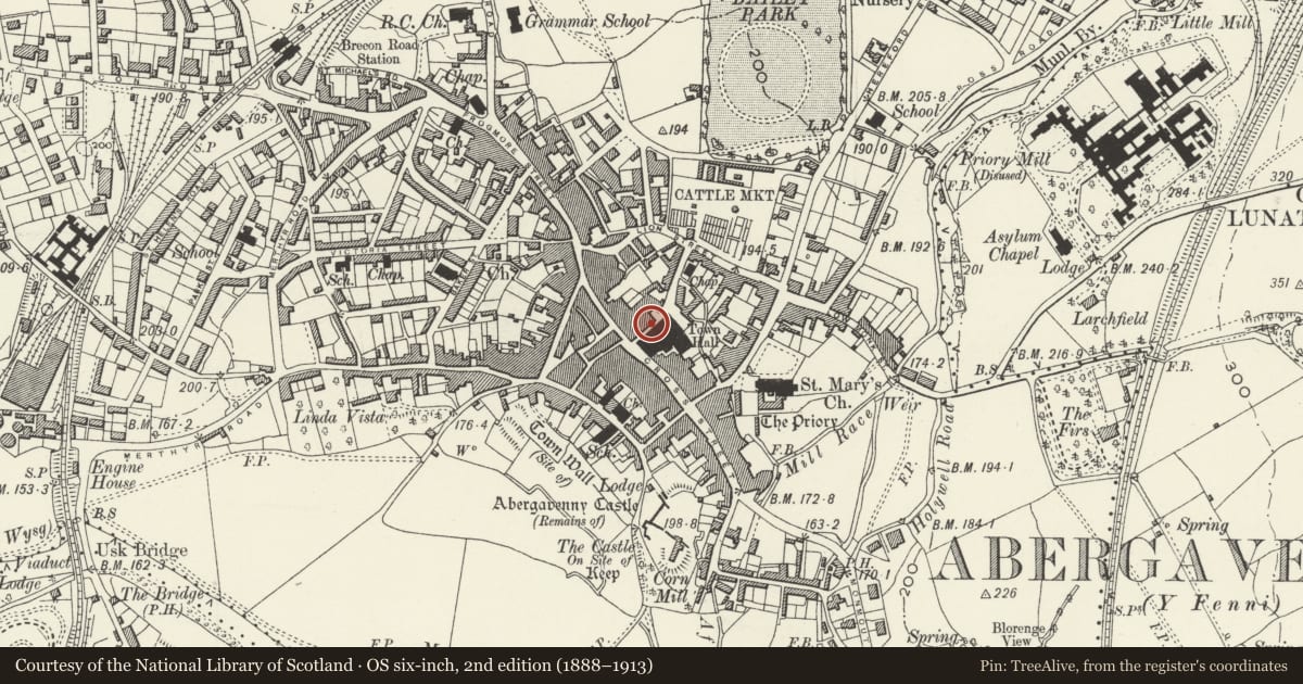Ordnance Survey six-inch map, 2nd edition (1888–1913) covering the location of 15 Market Street, Abergavenny, Monmouthshire, with a pin at the register's coordinates