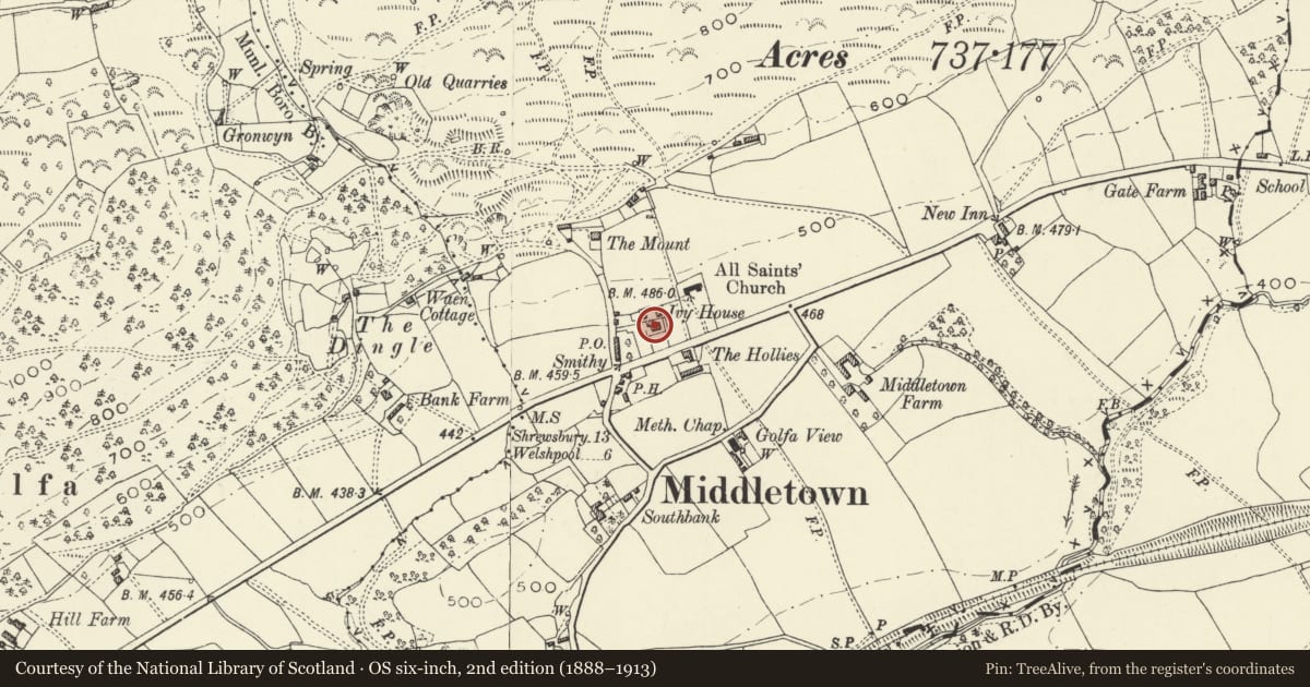 Ordnance Survey six-inch map, 2nd edition (1888–1913) covering the location of Ivy House, Trewern, Powys, with a pin at the register's coordinates