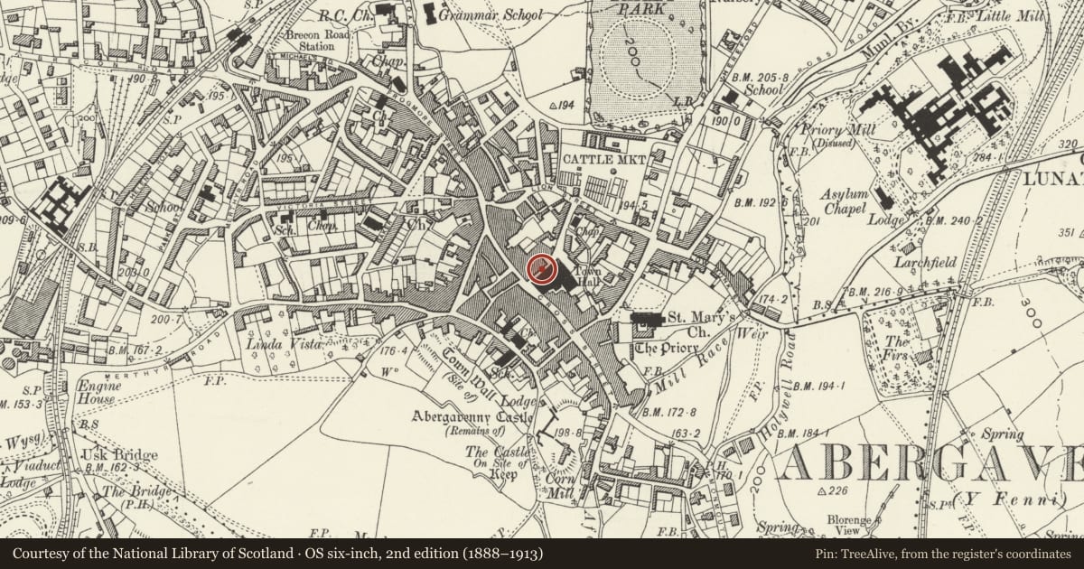Ordnance Survey six-inch map, 2nd edition (1888–1913) covering the location of 17 Market Street, Abergavenny, Monmouthshire, with a pin at the register's coordinates