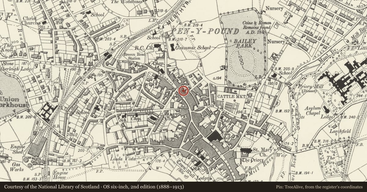Ordnance Survey six-inch map, 2nd edition (1888–1913) covering the location of 18 Frogmore Street, Abergavenny, Monmouthshire, with a pin at the register's coordinates