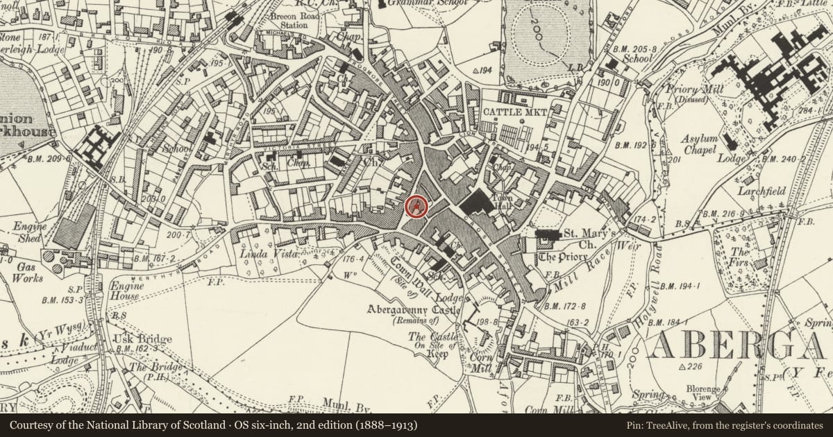 Ordnance Survey six-inch map, 2nd edition (1888–1913) covering the location of 18 Nevill Street, Abergavenny, Monmouthshire, with a pin at the register's coordinates