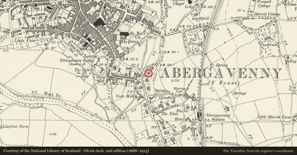 Ordnance Survey six-inch map, 2nd edition (1888–1913) covering the location of House, including garden walls with terracotta dressings and pinecone finials, Abergavenny, Monmouthshire, with a pin at the register's coordinates