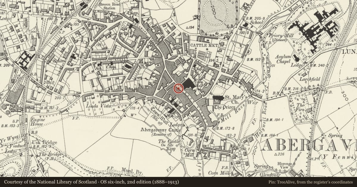 Ordnance Survey six-inch map, 2nd edition (1888–1913) covering the location of 2 Cross Street, Abergavenny, Monmouthshire, with a pin at the register's coordinates