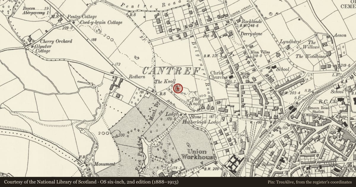 Ordnance Survey six-inch map, 2nd edition (1888–1913) covering the location of The Knoll, Abergavenny, Monmouthshire, with a pin at the register's coordinates