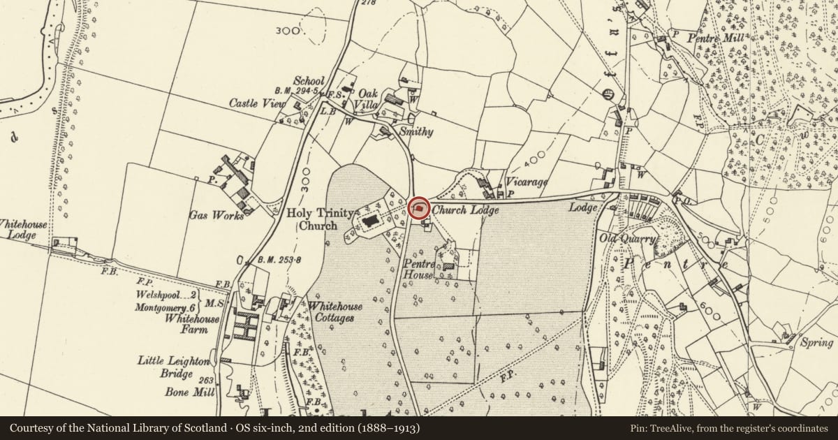 Ordnance Survey six-inch map, 2nd edition (1888–1913) covering the location of Church Lodge, Forden with Leighton and Trelystan, Powys, with a pin at the register's coordinates