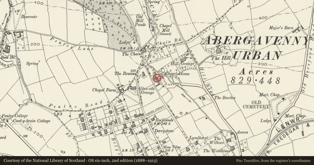 Ordnance Survey six-inch map, 2nd edition (1888–1913) covering the location of The Tythe Barn, Abergavenny, Monmouthshire, with a pin at the register's coordinates