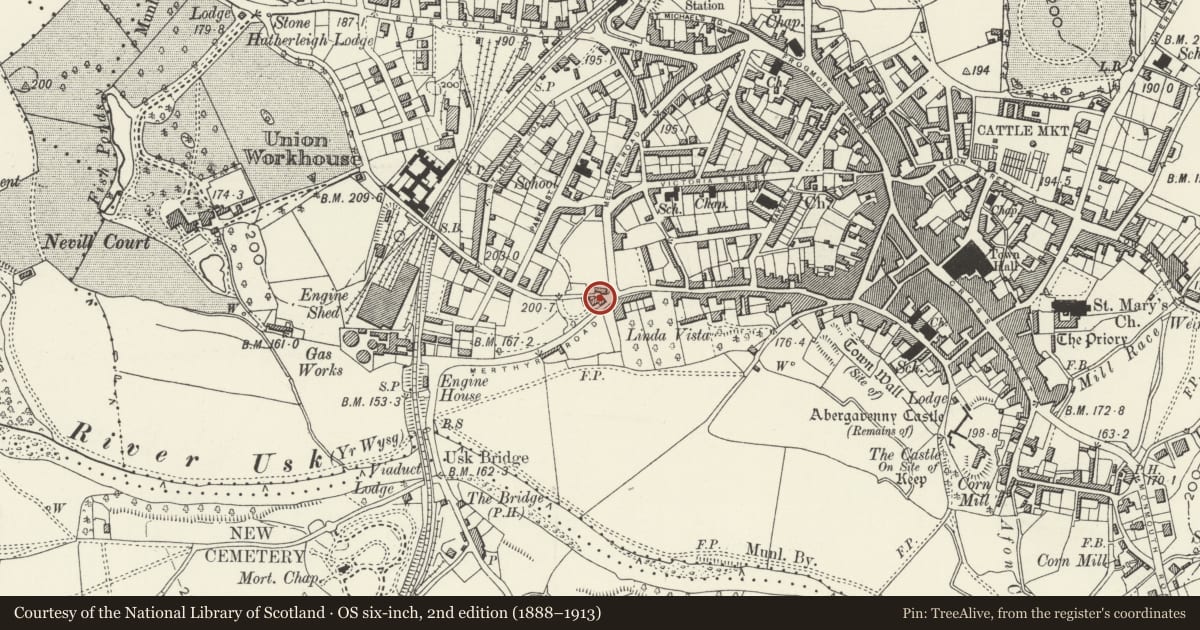 Ordnance Survey six-inch map, 2nd edition (1888–1913) covering the location of The Westgate, Abergavenny, Monmouthshire, with a pin at the register's coordinates