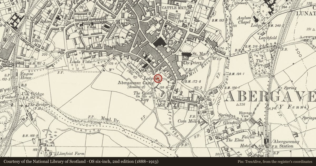 Ordnance Survey six-inch map, 2nd edition (1888–1913) covering the location of Lodge of Abergavenny Castle, Monmouthshire, with a pin at the register's coordinates