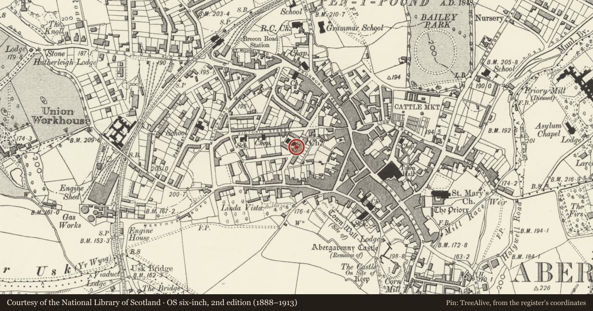 Ordnance Survey six-inch map, 2nd edition (1888–1913) covering the location of Entrance Gates and Screen Fence at Trinity Almshouses, Abergavenny, Monmouthshire, with a pin at the register's coordinates