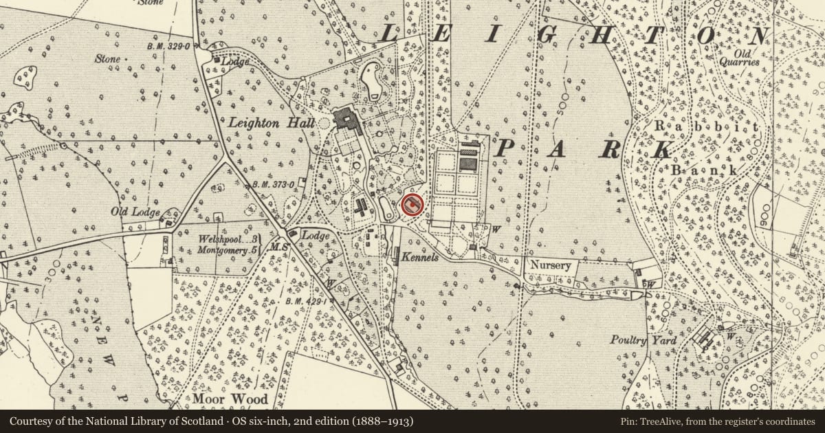 Ordnance Survey six-inch map, 2nd edition (1888–1913) covering the location of Leighton Hall Stables, Forden with Leighton and Trelystan, Powys, with a pin at the register's coordinates