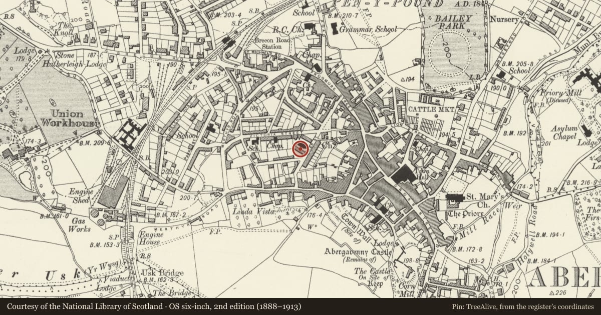 Ordnance Survey six-inch map, 2nd edition (1888–1913) covering the location of Trinity Almshouses, Abergavenny, Monmouthshire, with a pin at the register's coordinates