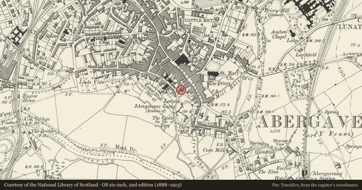 Ordnance Survey six-inch map, 2nd edition (1888–1913) covering the location of 19 Lower Castle Street, Abergavenny, Monmouthshire, with a pin at the register's coordinates