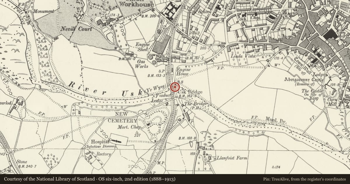 Ordnance Survey six-inch map, 2nd edition (1888–1913) covering the location of Usk Bridge (aka Abergavenny Bridge)(partly in Llanfoist Fawr) community, Monmouthshire, with a pin at the register's coordinates