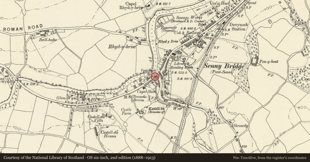 Ordnance Survey six-inch map, 2nd edition (1888–1913) covering the location of Castle House, Maescar, Powys, with a pin at the register's coordinates