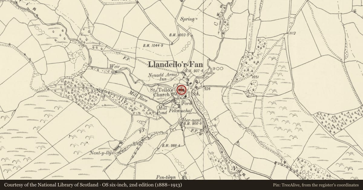 Ordnance Survey six-inch map, 2nd edition (1888–1913) covering the location of Church of Saint Teilo, Maescar, Powys, with a pin at the register's coordinates