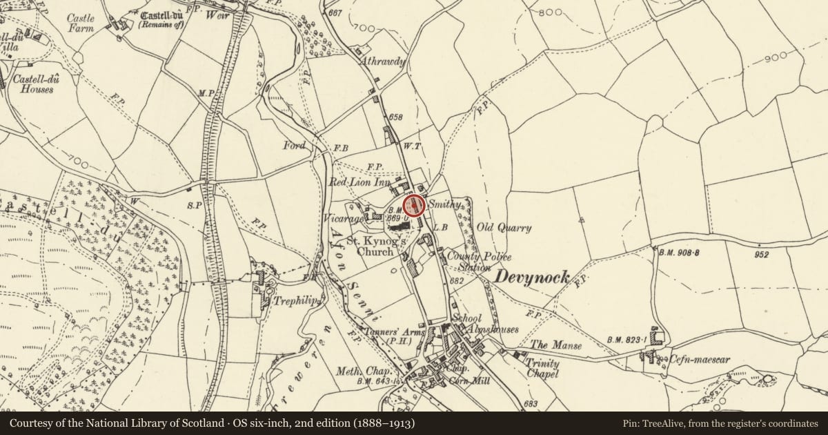 Ordnance Survey six-inch map, 2nd edition (1888–1913) covering the location of Clifford Place, No 4 Church Row, Maescar, Powys, with a pin at the register's coordinates