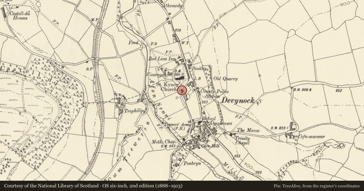 Ordnance Survey six-inch map, 2nd edition (1888–1913) covering the location of Defynnog House/Ty Defynnog, Maescar, Powys, with a pin at the register's coordinates