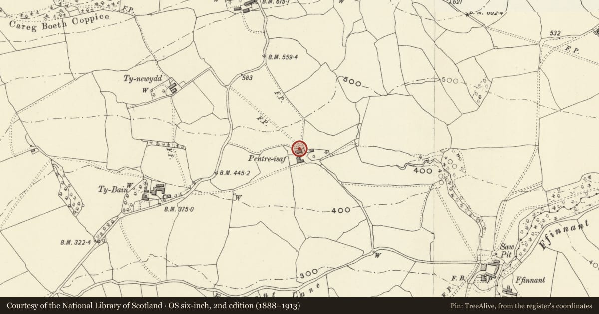 Ordnance Survey six-inch map, 2nd edition (1888–1913) covering the location of Pentre-isaf Farmhouse, Llanfechain, Powys, with a pin at the register's coordinates
