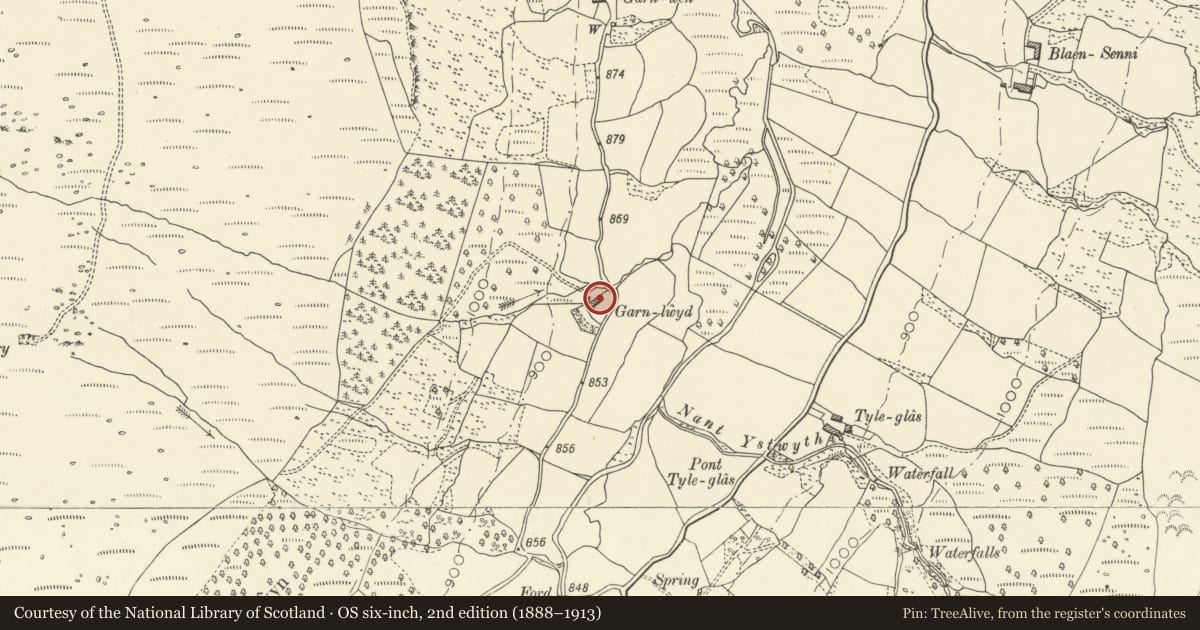 Ordnance Survey six-inch map, 2nd edition (1888–1913) covering the location of Garnlwyd, Maescar, Powys, with a pin at the register's coordinates