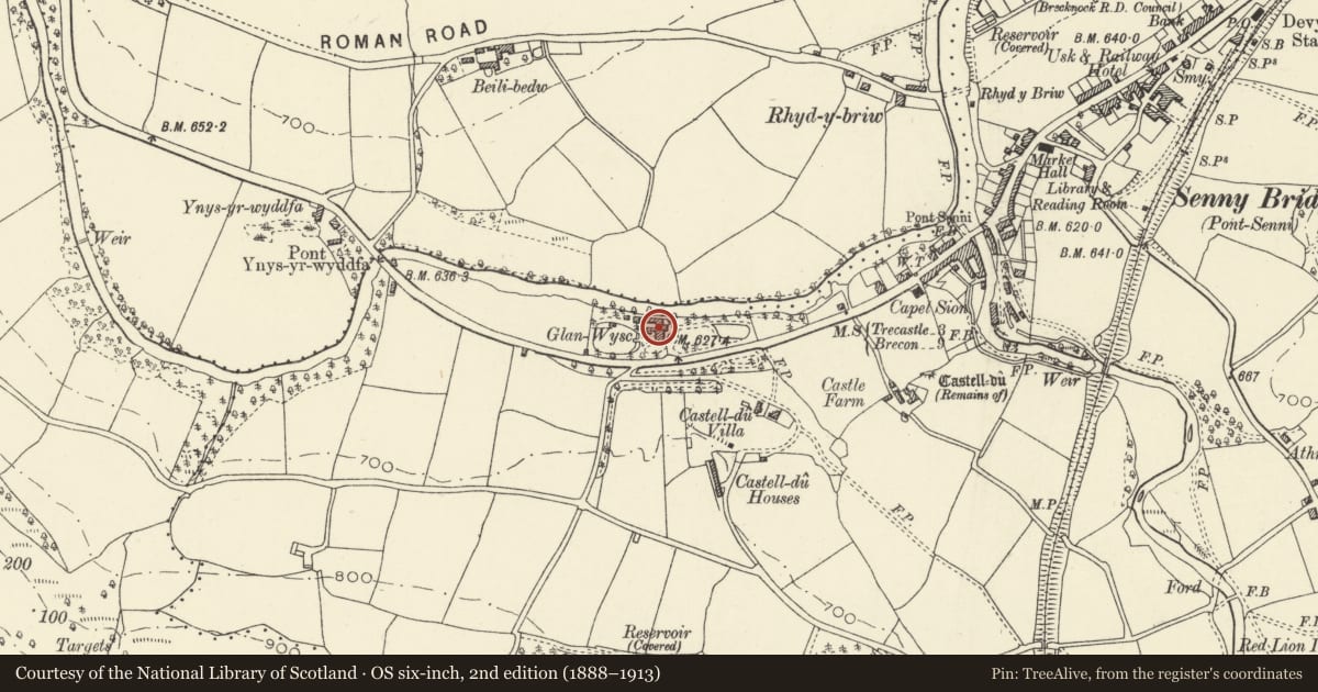 Ordnance Survey six-inch map, 2nd edition (1888–1913) covering the location of Glanwysg, Maescar, Powys, with a pin at the register's coordinates